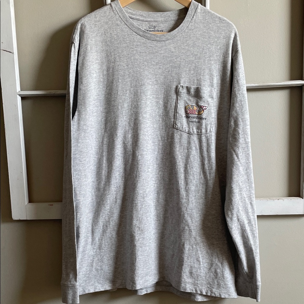 Vineyard Vines Maryland Light Gray Long-Sleeve Pocket Tee with Whale Patch